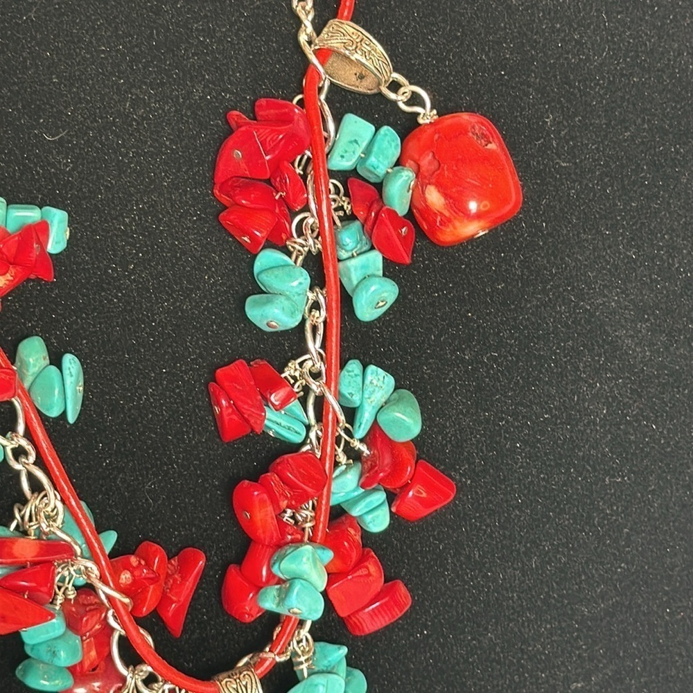 TURQUOISE CORAL Genuine Vinyl Cord & Silver Tone Chain Boho - Picture 4 of 13